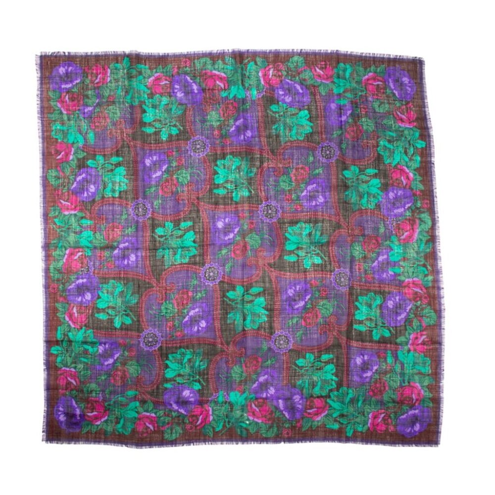 Vintage B.G. Street 100% Wool Floral Scarf 35" Square Made In Japan